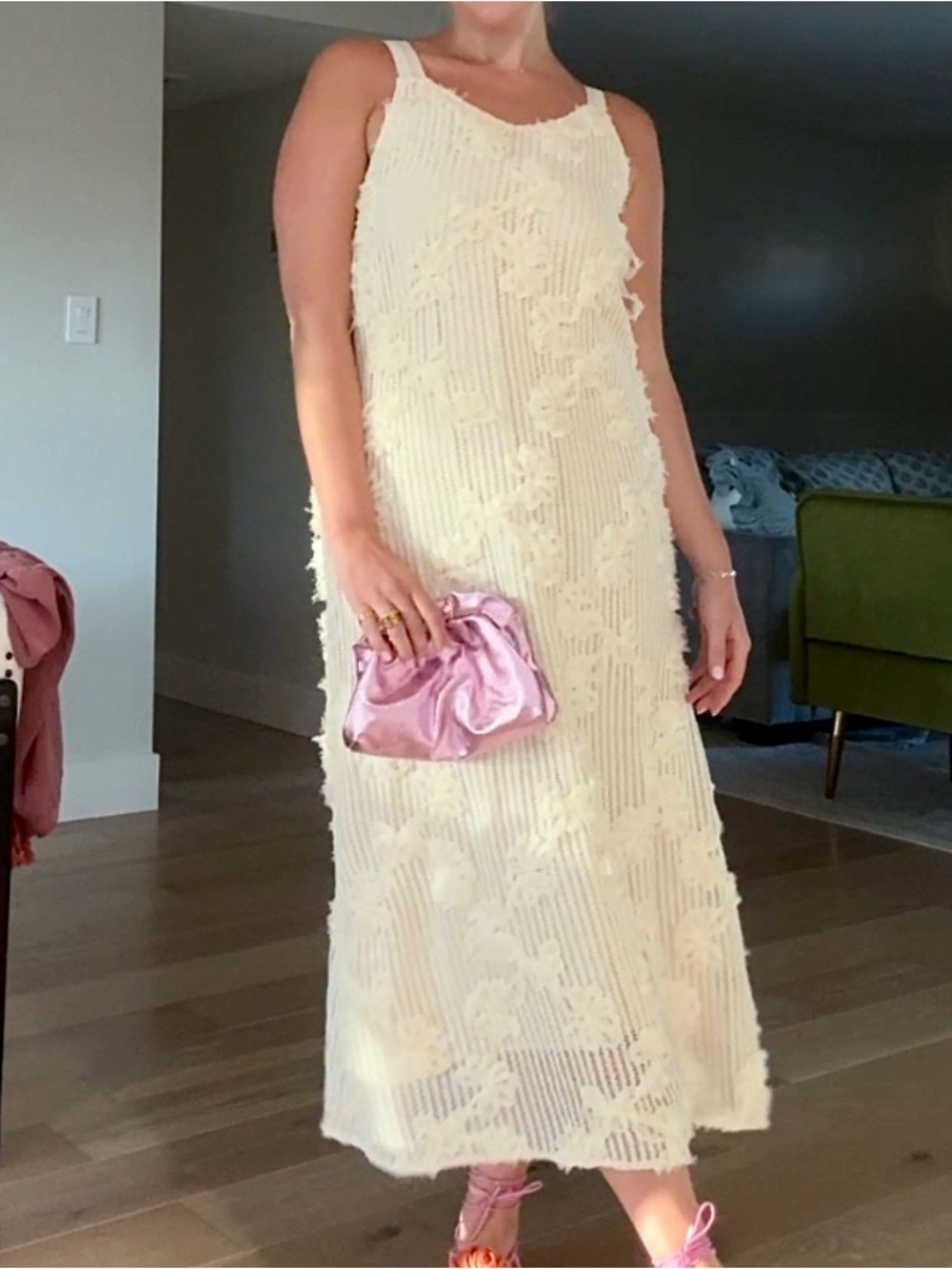 En Saison Reese Floral Appliqué Open Stitch Crochet Maxi Cream Dress
